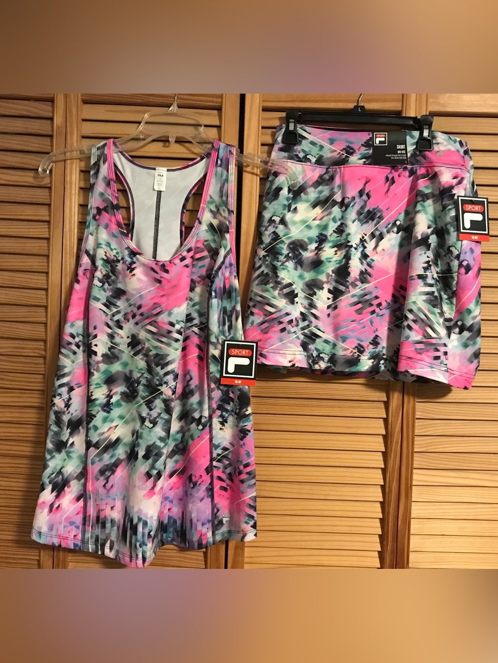 FILA Set Pink Teal Abstract Athletic Tank Top and Skort Sz Lg